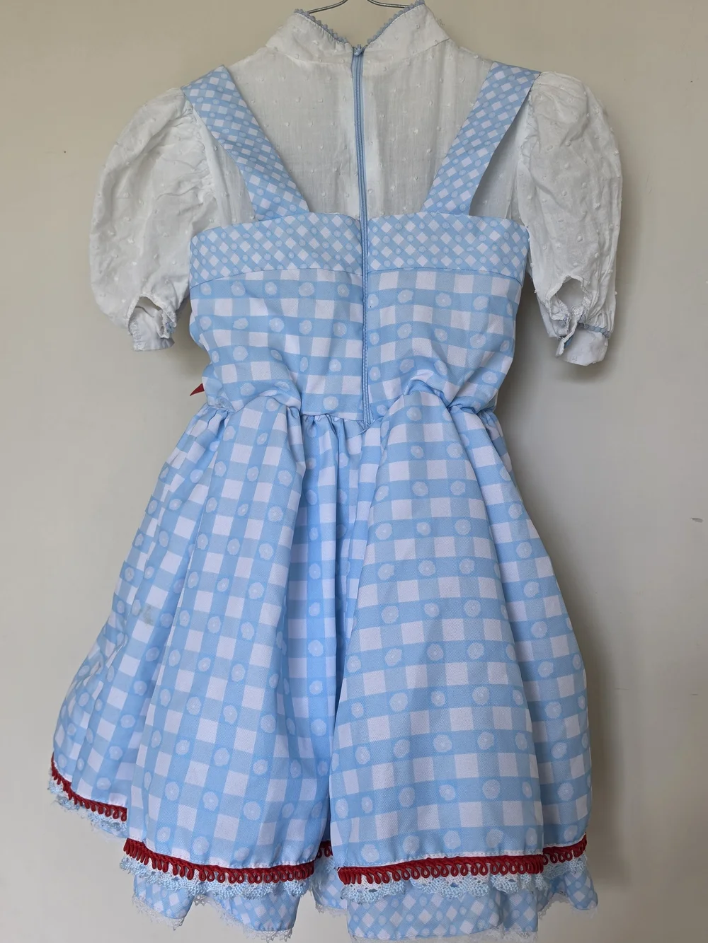 Children's Light Blue Gingham Costume Dress with Red Bow Accents